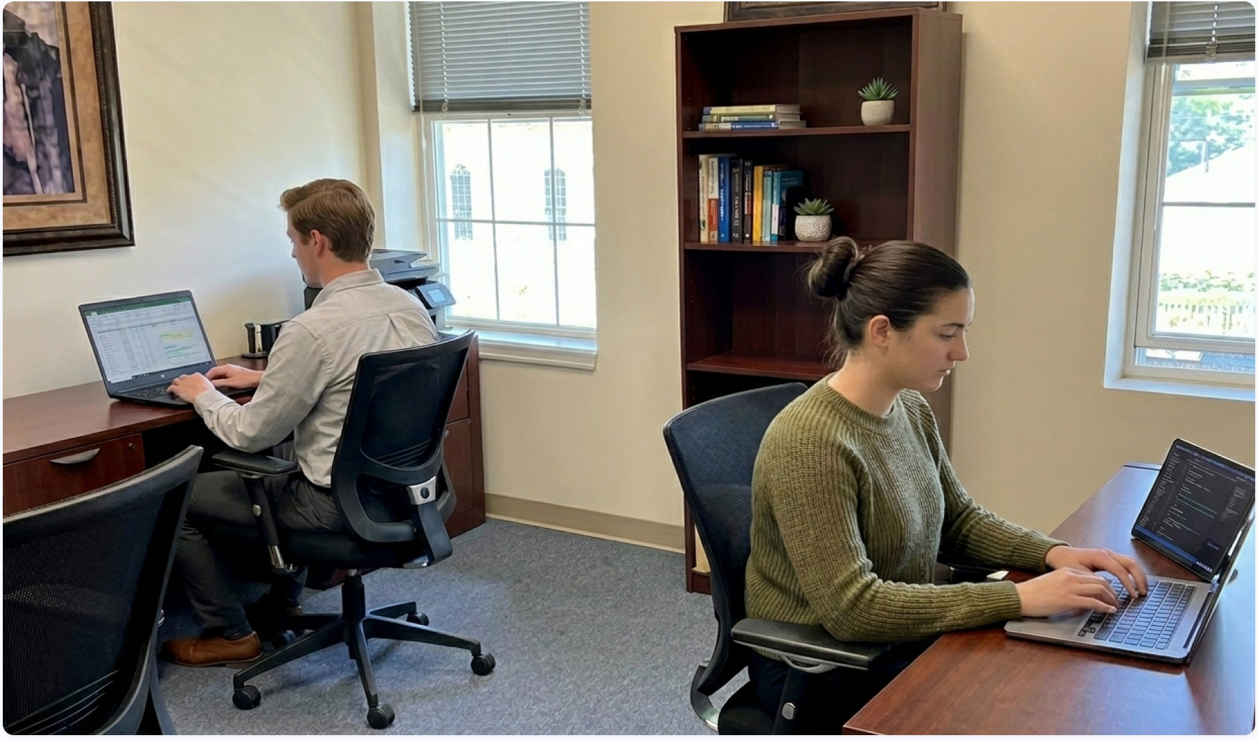 Private office setup with dual desks
